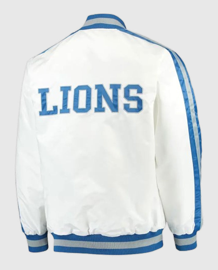 White Detroit Lions Throwback D-Line White Satin Jacket