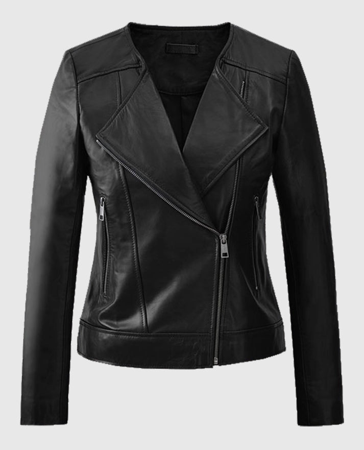 Women's Black Collarless Leather Biker Jacket
