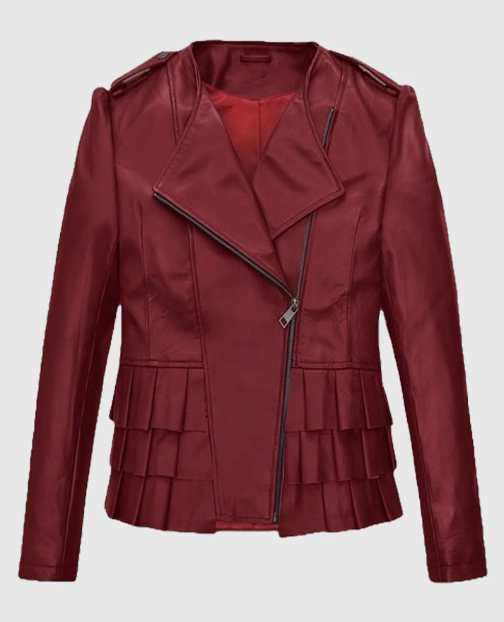 Women's Cherry Red Peplum Leather Jacket