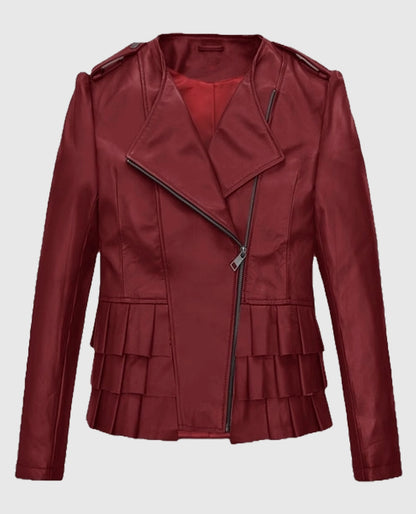 Women's Cherry Red Peplum Leather Jacket