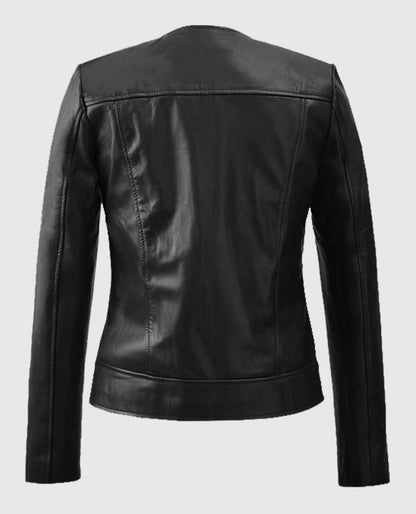 Women's Collarless Leather Black Biker Jacket