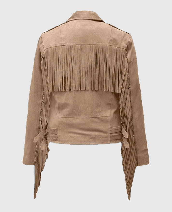 Women's Dusty Beige Suede Fringes Leather Jacket