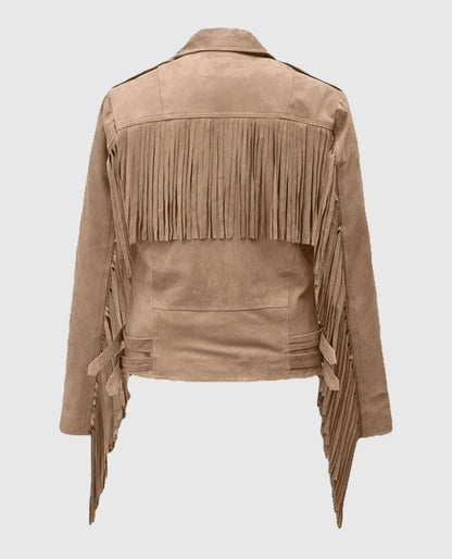 Women's Dusty Beige Suede Fringes Leather Jacket