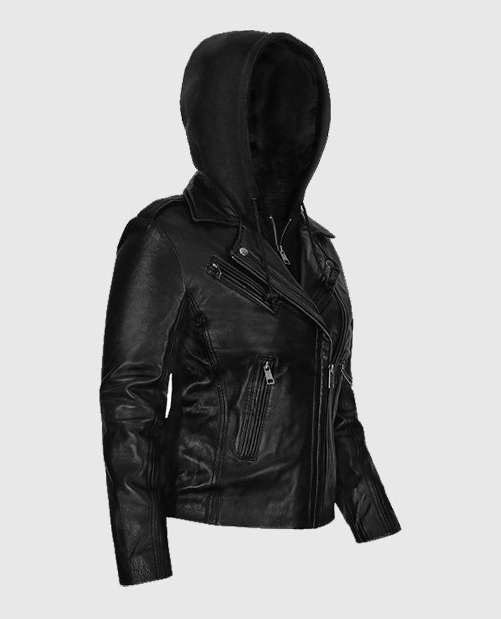 Women's Hooded Leather Black Biker Jacket