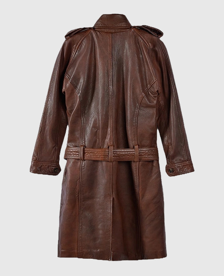 Women's Leather Spanish Brown Long Coat - second image