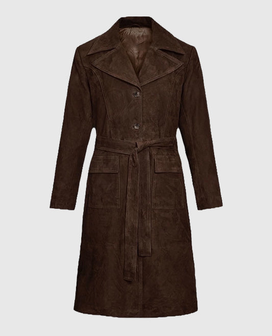 Women's Long Alpine Suede Leather Dark Brown Coat