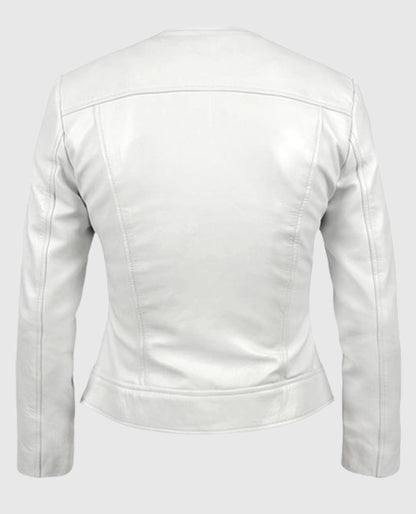 Women's Round Neck Biker Leather White Jacket