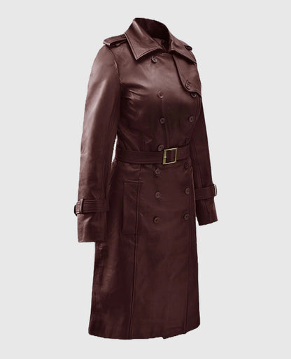 Women's Soft Wax Halcon Leather Maroon Trench Coat