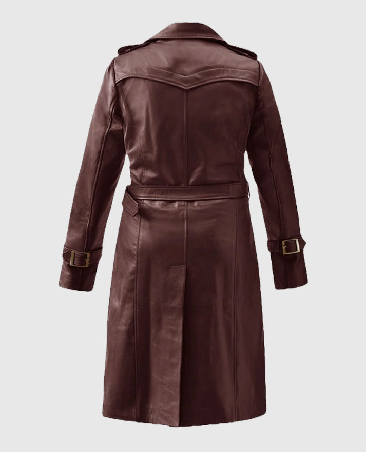 Women's Soft Wax Halcon Maroon Leather Trench Coat - second image