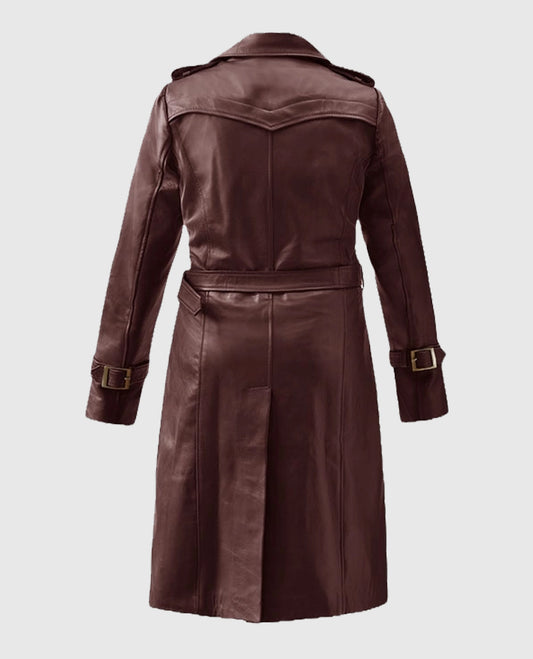 Women's Soft Wax Halcon Leather Trench Maroon Coat
