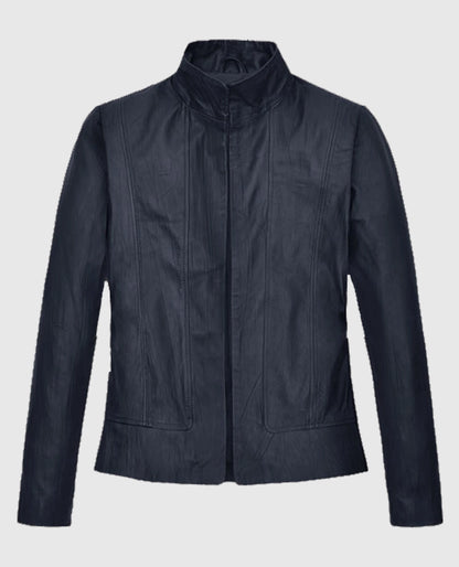 Women's Stand-Up Collar Black Leather Jacket