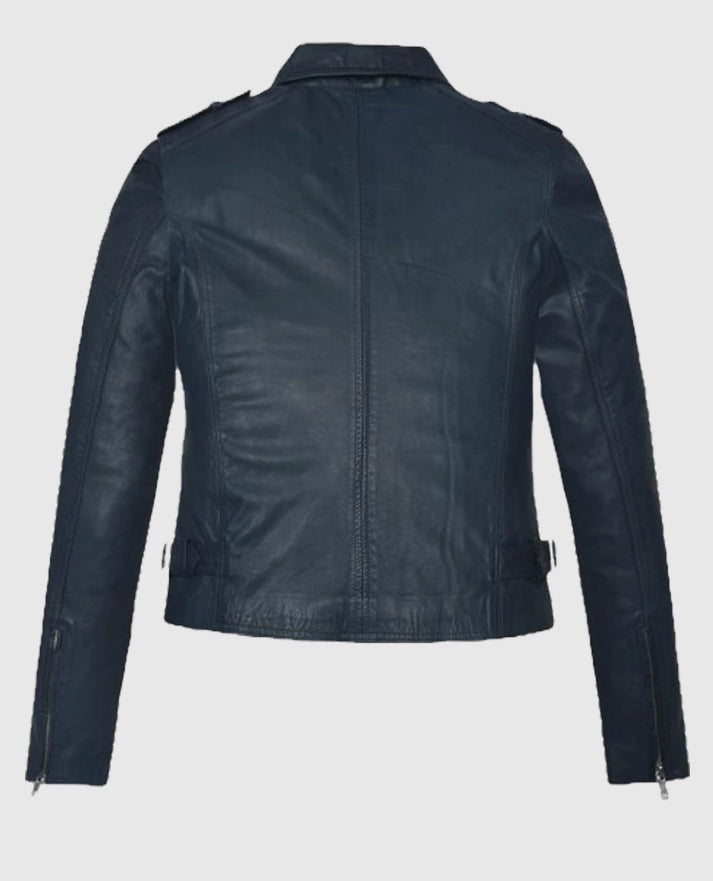 Women's Washed & Wax Biker Leather Blue Jacket