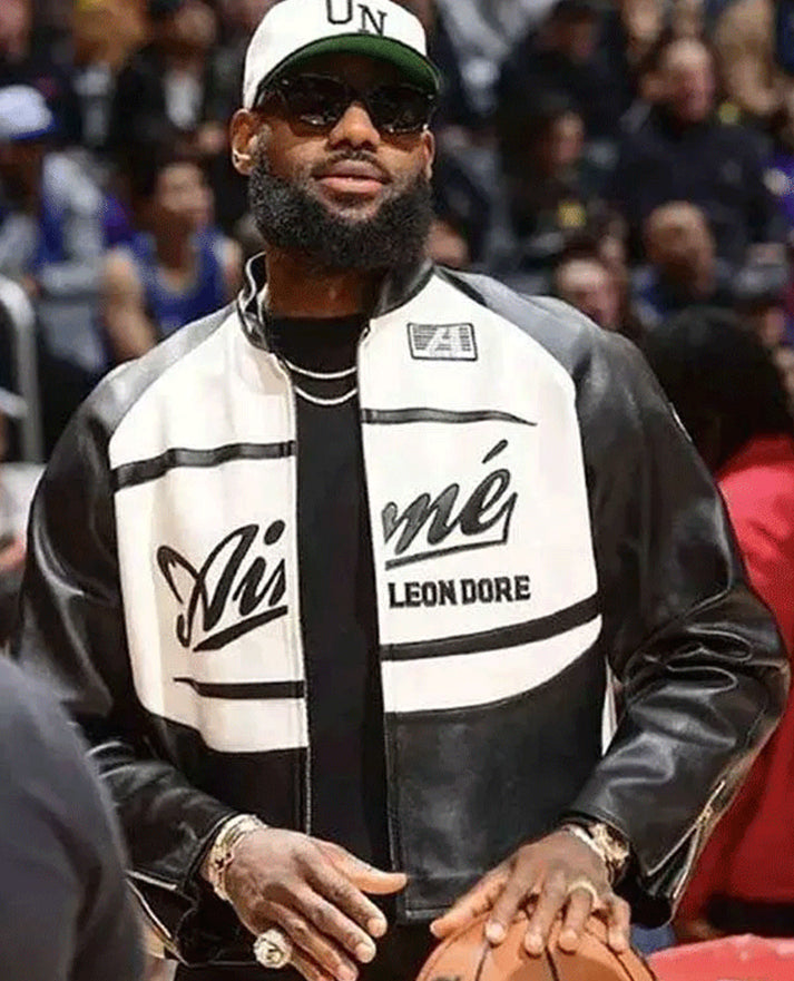 lebron james aime leon dore black n white leather jacket