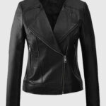 Women's Black Collarless Leather Biker Jacket