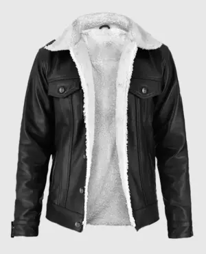 Men?s Black Leather Sherpa Style Jacket