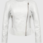 Women's Round Neck White Biker Leather Jacket