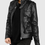 Women's Black Leather Jacket With Multi-Pocket
